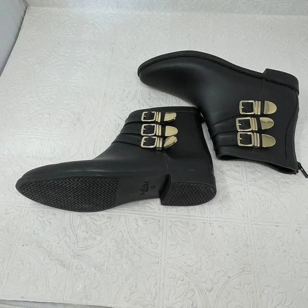 Loeffler Randall Fenton Rain Booties in black with gold-tone buckles Sz 11